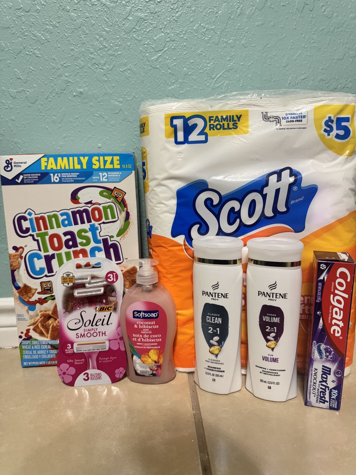 Bundle, Razors, Hand Soap, Shampoo, Toothpaste, Bath Tissue, Cereal