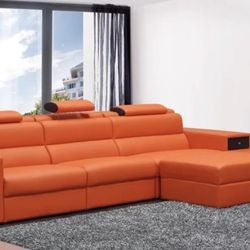 Orange Leather Sectional With Lights & Storage
