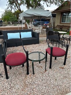2 red chairs & table