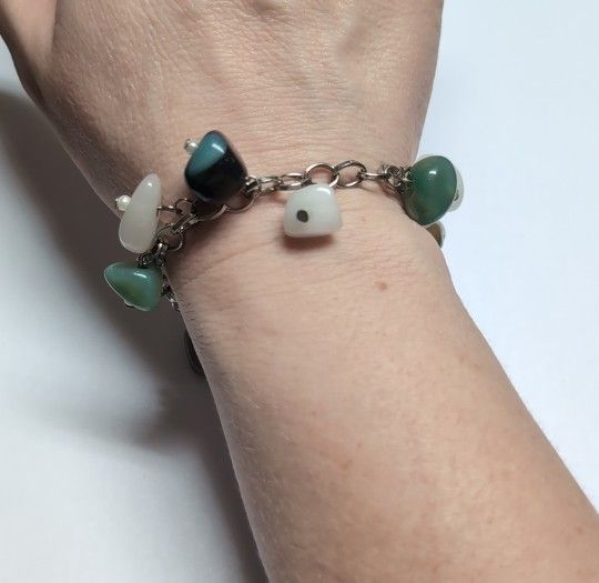 Silver Chain Green and White Natural Stones Tennis Bracelet