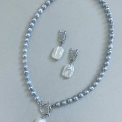 Natural Fresh Water Pearl AAA Best Quality Necklace Set with Natural Pearl Pendant and Rhodium Plated Earrings - silver & gray - Handmade Necklace