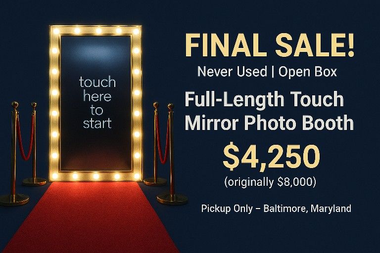 ✨ FINAL SALE – $4,250 ✨
Never used, open-box Full-Length Touch Mirror Photo Booth!
