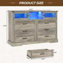 🥨Farmhouse 6 Drawers Dresser with Charging Station, LED Long Dresser with 2 Sliding Doors, Wood Wide Chest of Drawers, Storage Dressers Organizer