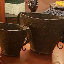 2 Metal Victorian Vases With Ball Feet.