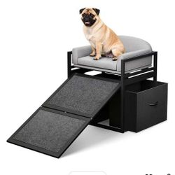 NEW Non Slip Dog Ramp with Seat & Storage Drawers,Extra Wide Doggie Stairs,Metal Frame Puppy Chair for High Bed Couch Office,Dachshunds Ladder,Washabl