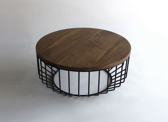 Round MCM-Style Coffee Table — Walnut Top with Wire Base.