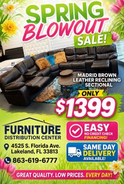 Memorial Day sale. Madrid Brown leather reclining sectional only $1399. Easy finance option. Same-day delivery.