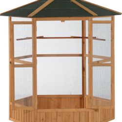Large Wooden Hexagonal Outdoor Aviary Flight Bird Cage with Covered Roof