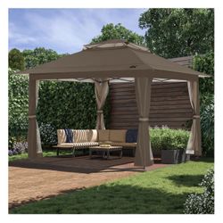 13'x13' Gazebo Tent Outdoor Pop up Gazebo Canopy Shelter with Mosquito Netting, Brown
