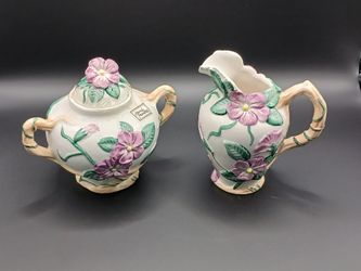 vintage hand-painted 4" ceramic creamer and lidded sugar bowl set Fitz and Floyd from 1991