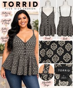 Torrid Plus Size Black Floral Print Button Front Peplum Blouse size 1 home smoke free and pet Length 28” armpit to armpit 22” sleeve 1”