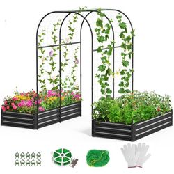 Galvanized Raised Garden Bed for Vegetables Flowers Herbs, Metal Raised Garden Bed Kit with Trellis, Plant Labels, Plant Ties