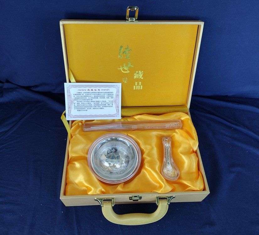 Set of 3 Chinese silver bowls and spoons, chopsticks
