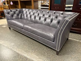 ETHAN ALLEN Shelton Sherwood Grey Leather Sofa w/ Nailhead Trim