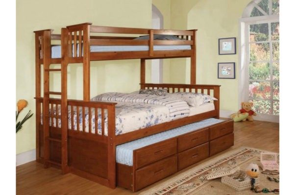 🔥🔥🔥Brand New Oak Twin Over Full Bunk Bed w Trundle Bed + Drawers🔥🔥🔥