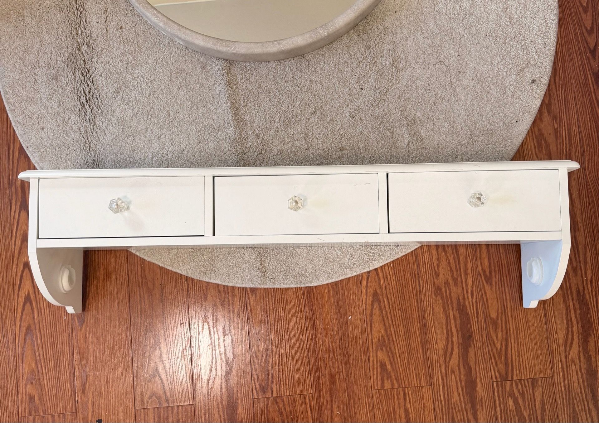 Pottery Barn White shelf with 3 drawers & crystal clear knobs