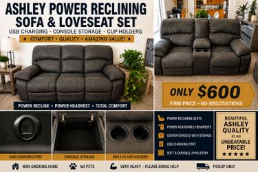 Ashley Power Reclining Sofa & Loveseat Set – USB Charging, Console & Cup Holders – $600