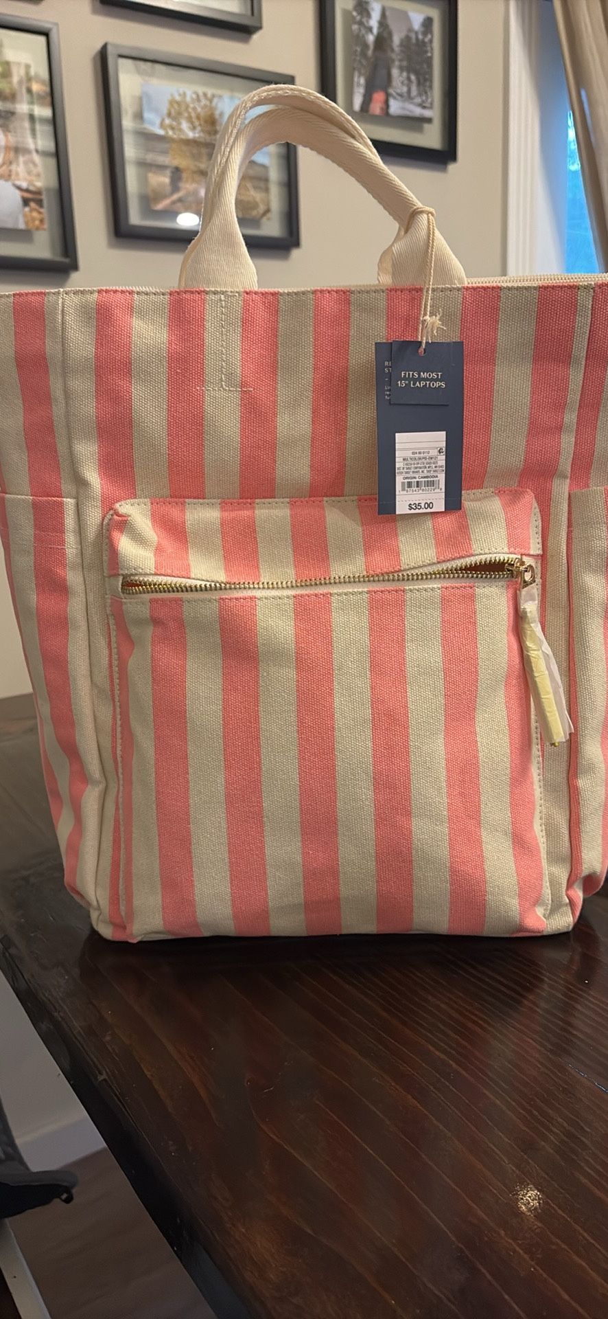 Pink Stripped Bag With Back Pack Straps Or Handle Carry