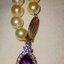 14k Single Strand Pearl Necklace With Amethyst 