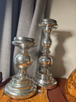 Antique Pair Of Mercury Glass Candleholders