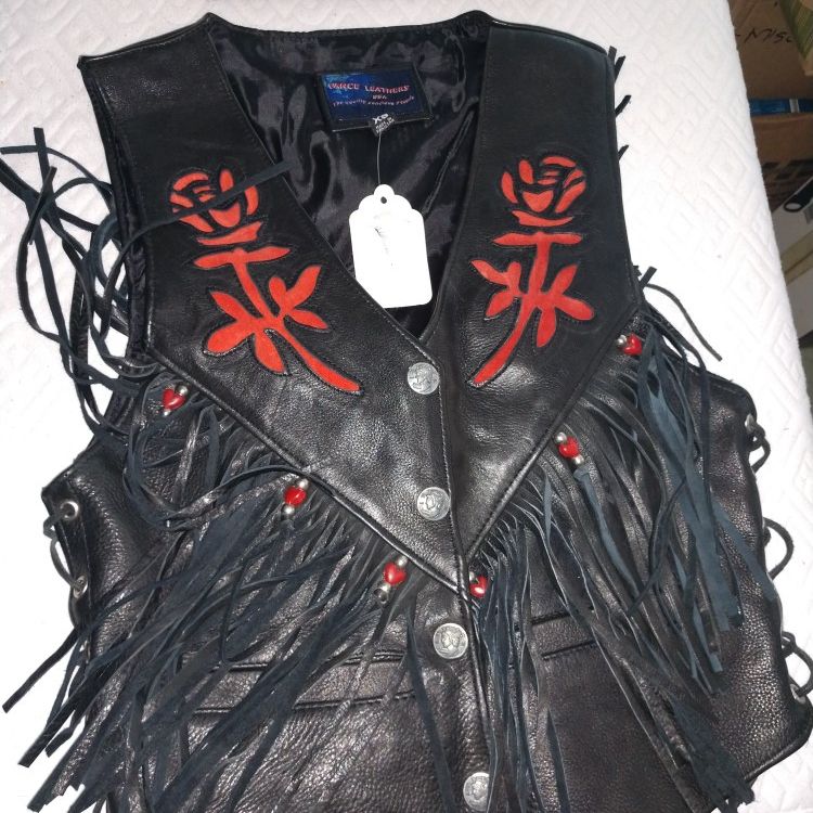 Women's Leather fringe/beaded Vest and Leather Hair Wrap