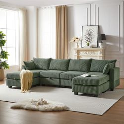 113.5'' Modular Sectiona Corduroy Sofa, Sectional Couches for Living Room U Shaped Sectional Couch with Storage Ottoman, 6 Seats Convertible Sectional
