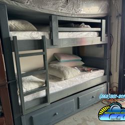 Triple Twin Bunk Bed Grey With Mattresses Colchones Nuevo 