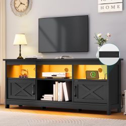 Farmhouse TV Stand, 59 Inch TV Stand for up to 65" TVs, LED Light Entertainment Center