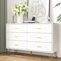 Dresser for Bedroom, White Dresser with 6 Deep Drawers, Wide Chest of Drawers with Gold Handles 