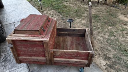 Rustic red painted rolling wooden storage trunk farmhouse crate cart wagon with cooler, barn decor