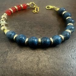 Blue and Red Beaded Bracelet with Gold Accents