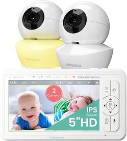 Babysense 5" HD Split-Screen Baby Monitor, Video Baby Monitor with 2 Cameras and Audio, Night Light, 1000ft Range, Two-Way Audio, 4X Zoom, Night Visio