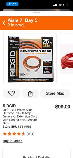 25 ft. 10/4 Heavy Duty Outdoor L14-30 Amp Generator Extension Cord with Lighted End, Orange/ Grey Store SKU# 711-575