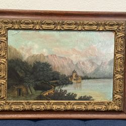 Beautiful Antique 1922 European Castle On Lake Oil Painting by E. Gray