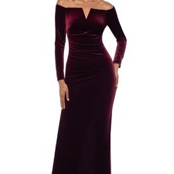 Elegant Dress. Burgundy. Long Sleeve. Shoulder Dress.