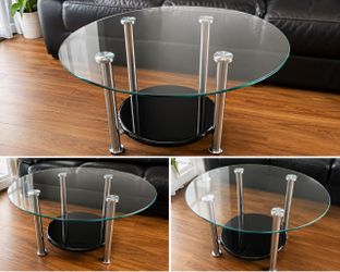Oval black and glass table and two end tables