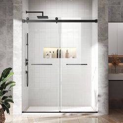 44"-48" Frameless Sliding Shower Door 76" H Matte Black Glass Door