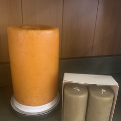 Candles Large 6” H Pillar “Pumpkin Bread” Scent, 2  3” Small Olive Green Pillars