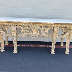 Wooden Carving & Travertine Top Console Table