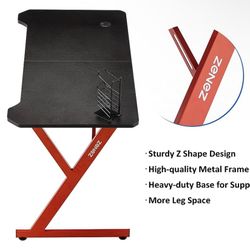 ZENEZ Gaming Desk, 47" Ergonomic Z Shape Computer Desk, Gaming Table with Large Carbon Fiber Surface, Headphone Holder, Cable Management Holes for Hom