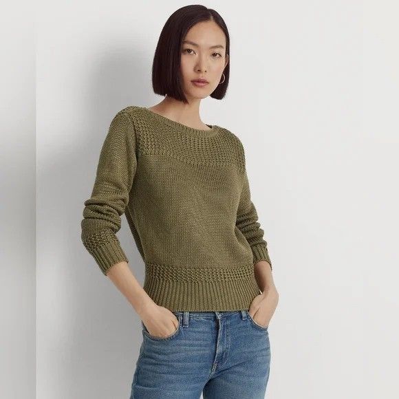 NEW Ralph Lauren Green Crew Neck Cable Knit Sweater with Ribbed Knit Small