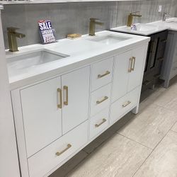 65” Bathroom Vanity Cabinet New Solid Wood Fully Assembled Softclose Drawers Doors Quartz Top 2 Sinks Attached Ready For Pick Up Today