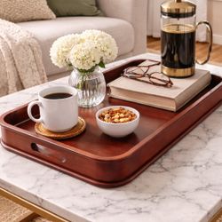 Vintage 1990s Mahogany Wooden Veneer Serving Tray With Handles, 22x15x2.5”