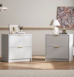Set of 2 Fluted Nightstand with 2 Drawers - White