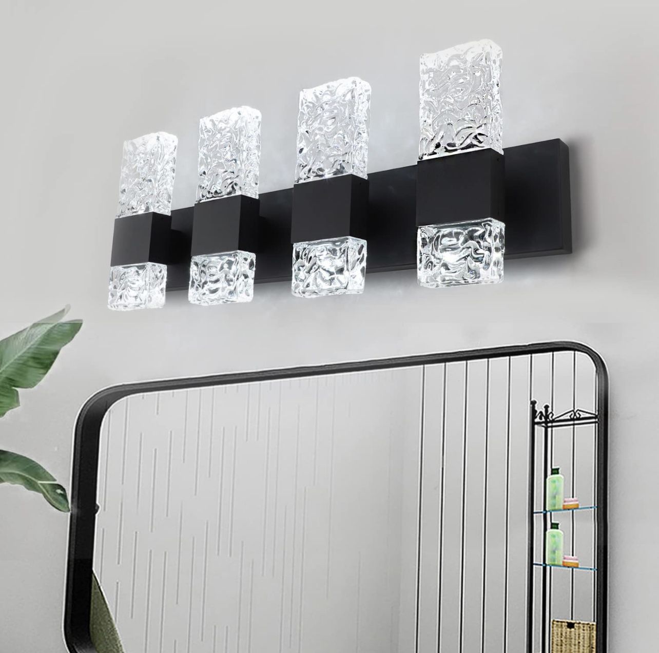 hetolod Bathroom Black LED Vanity Light Fixtures Over Mirror 4 Lights Crystal Bath Wall Lighting Modern Matte Black Bath Vanity Lighting Fixture(28.3i