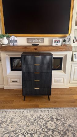 Mid Century Modern Style Black (5) Drawer Tall Dresser with Gold Underhand Pulls (NEW)