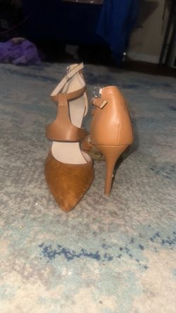 Tan & Brown Pointed‑Toe Heels with Suede Front + T‑Strap Buckle