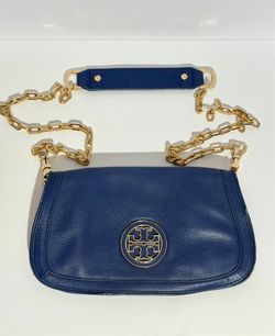 Tory Burch Blue Leather Chain Shoulder Bag Gold Logo Flap Crossbody Purse 11”