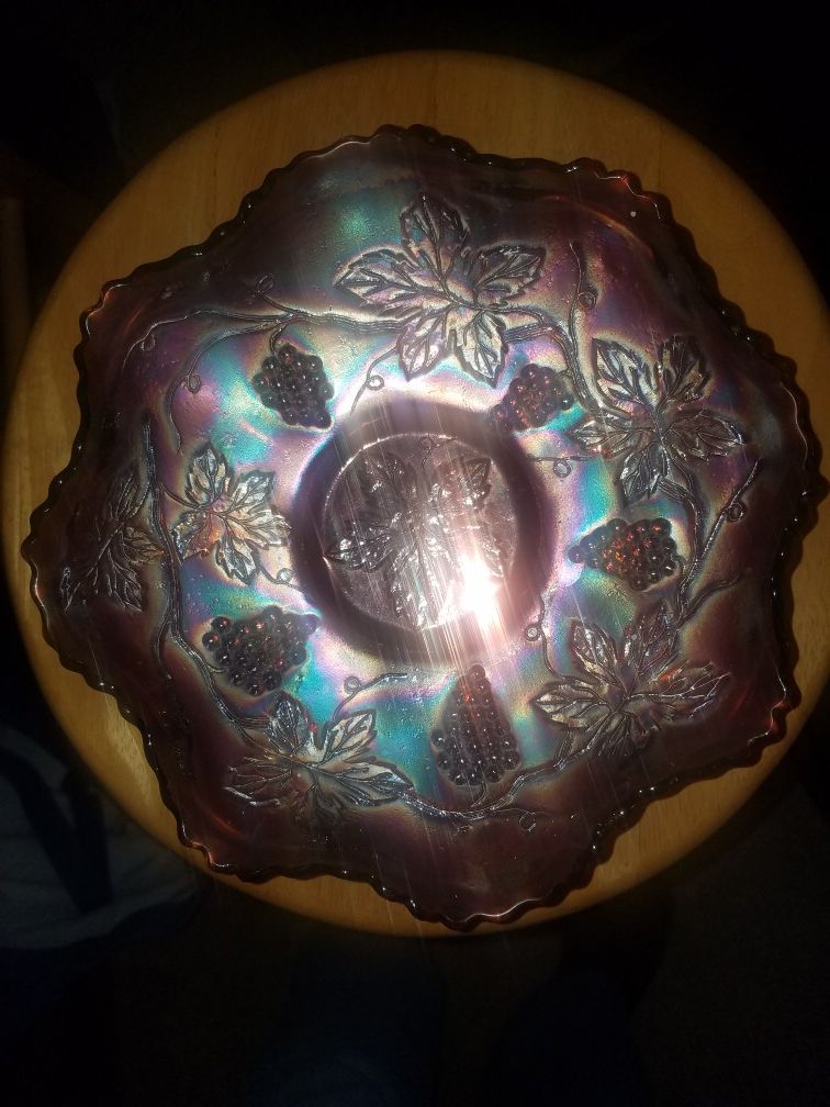 Northwood Amethyst Carnival glass Grape and cable Basket weave 8 3/4". Excellent