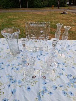 Crystal candle sticks, frame and glass vases